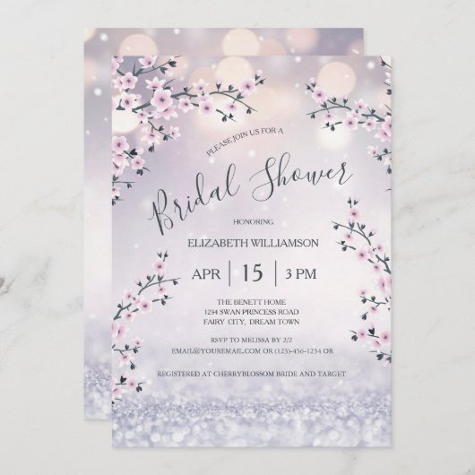 さくらんぼブロッサムマウヴグリッター | ブライダルシャワー 招待状 (正面/裏面)