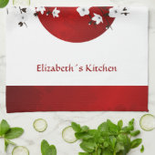 さくらんぼブロッサムライジングサンレッド白黒モノグラム キッチンタオル (折り畳み)