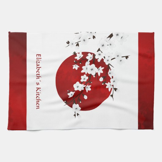 さくらんぼブロッサムライジングサンレッド白黒モノグラム キッチンタオル (横)