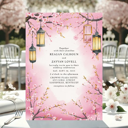 さくらんぼブロッサムランタンピンク春の結婚式 招待状