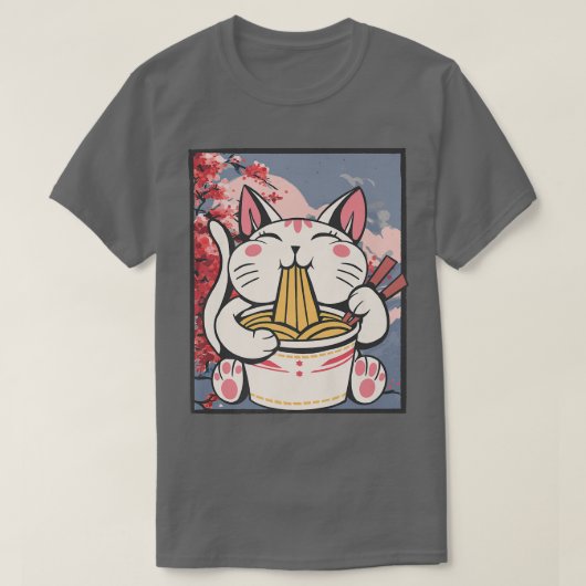 さくらんぼブロッサムラーメン猫かわいい Tシャツ (デザイン正面)
