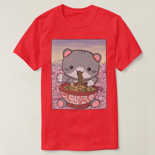 さくらんぼブロッサムラーメン猫かわいい Tシャツ (デザイン正面)