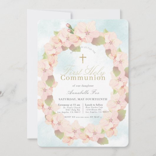さくらんぼブロッサムリースガールファースト聖餐式 招待状 (正面)