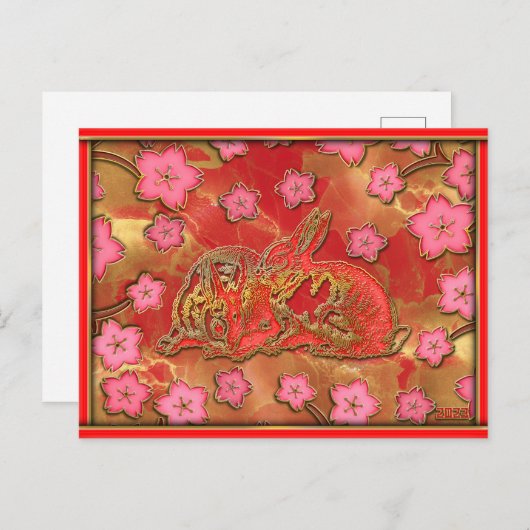 さくらんぼブロッサムレッド金ゴールド中国のラビット新年 シーズンポストカード (正面/裏面)