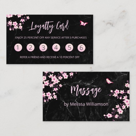 さくらんぼブロッサムロイヤリティカードピンクブラックマーブル 名刺 (正面/裏面)