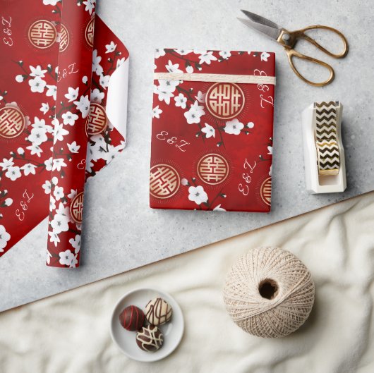 さくらんぼブロッサム中国の結婚のイニシャル ラッピングペーパー (クラフト)