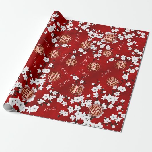 さくらんぼブロッサム中国の結婚のイニシャル ラッピングペーパー (アンロールド)