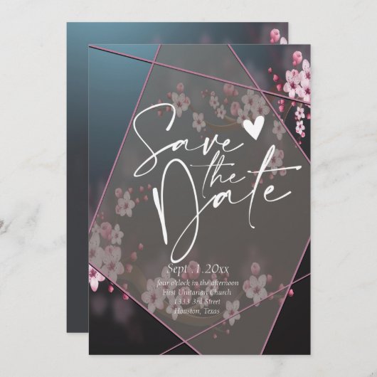 さくらんぼブロッサム幾何学的フローラは日付Inviを保存 招待状 (正面/裏面)