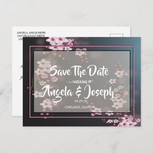 さくらんぼブロッサム幾何学的フローラ保存日付 案内ポストカード (正面/裏面)