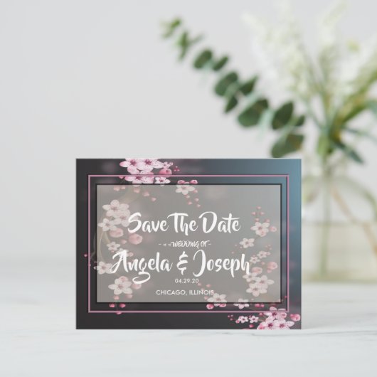 さくらんぼブロッサム幾何学的フローラ保存日付 案内ポストカード (スタンド正面)