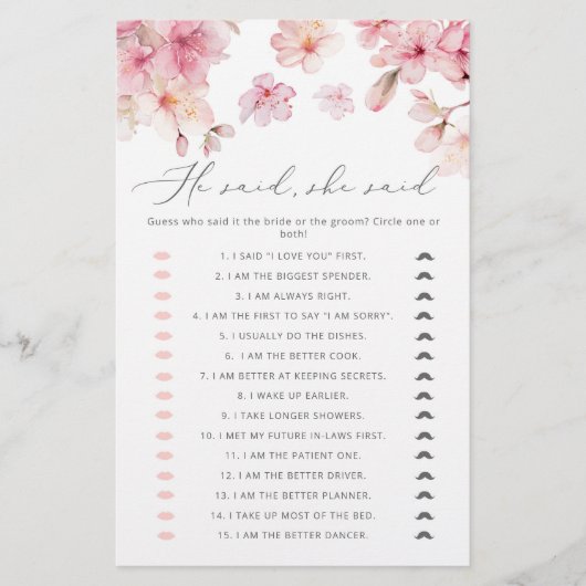 さくらんぼブロッサム彼は彼女はブライダルシャワーゲームを言った (正面)