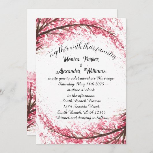 さくらんぼブロッサム日本の桜ピンク結婚ズ・インビタ 招待状 (正面/裏面)