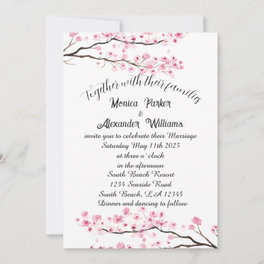 さくらんぼブロッサム日本の桜ピンク結婚ズ 招待状 (正面)