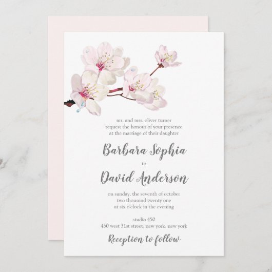 さくらんぼブロッサム日本の結婚桜 招待状 (正面/裏面)