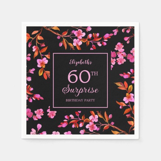さくらんぼブロッサム桜サプライズブラック誕生日 スタンダードカクテルナプキン (正面)