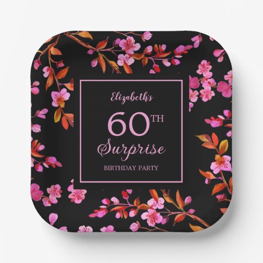 さくらんぼブロッサム桜サプライズブラック誕生日 ペーパープレート (正面)