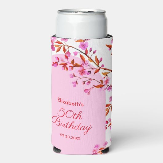 さくらんぼブロッサム桜フラワーピンクホワイト誕生日 スリム缶クーラー (Seltzer正面)