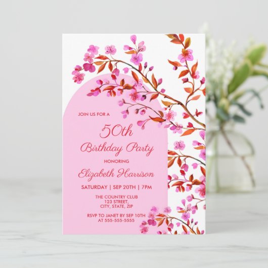 さくらんぼブロッサム桜フラワーピンクホワイト誕生日 招待状 (スタンド正面)