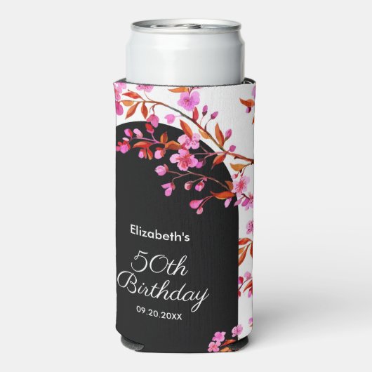 さくらんぼブロッサム桜フラワー白黒誕生日 スリム缶クーラー (Seltzer裏面)