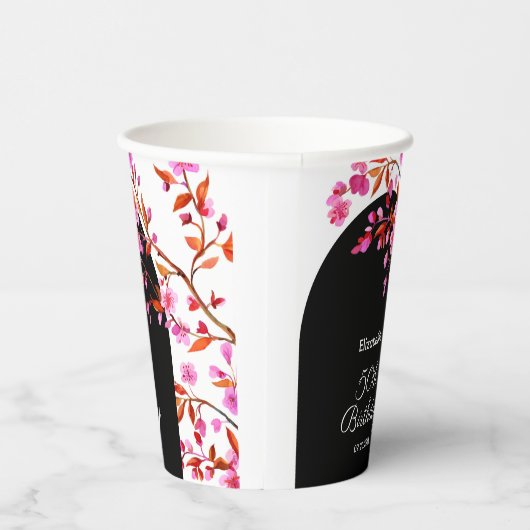 さくらんぼブロッサム桜フラワー白黒誕生日 紙コップ (右)