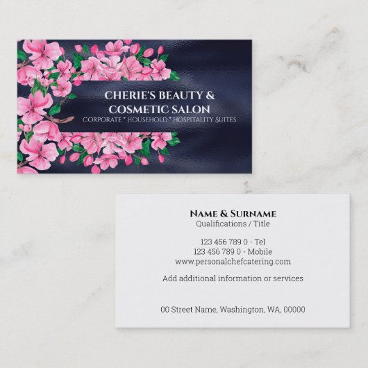 さくらんぼブロッサム桜ブルーピンクシック美しいサロン 名刺 (正面/裏面)