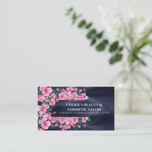 さくらんぼブロッサム桜ブルーピンクシック美しいサロン 名刺 (スタンド正面)