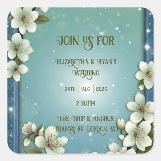 さくらんぼブロッサム結婚式招待状とソフトグリーン スクエアシール (正面)