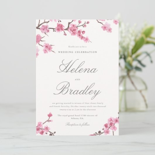 さくらんぼブロッサム開花 |ピンク結婚式招待状 招待状 (スタンド正面)