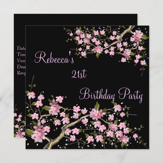 さくらんぼブロッサム21stエレガントなバースデーパーティーブラック 招待状 (正面/裏面)