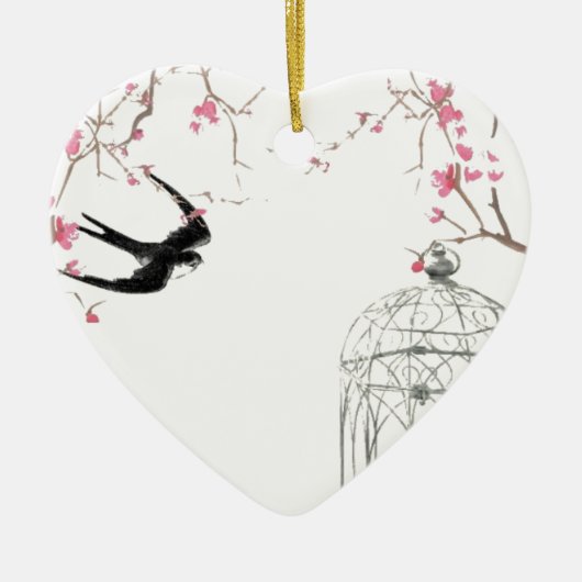 さくらんぼブロッサム、ツバメ、カバノキデザイン セラミックオーナメント (正面)