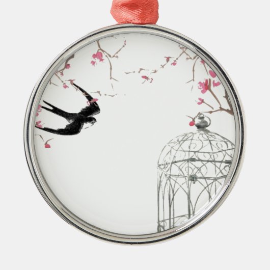 さくらんぼブロッサム、ツバメ、カバノキデザイン メタルオーナメント (正面)