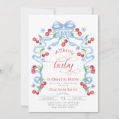 さくらんぼベビーは開花ブルーボウ赤ちゃんシャワーしようとしている 招待状 (正面)