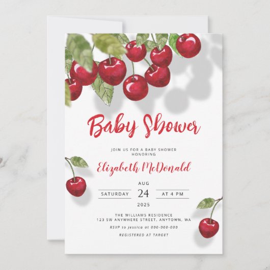 さくらんぼベビーシャワー |ベリースウィートベビー緑 招待状 (正面)