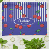 さくらんぼベリーレッドパタモダンーン航海のブルー キッチンタオル (折り畳み)