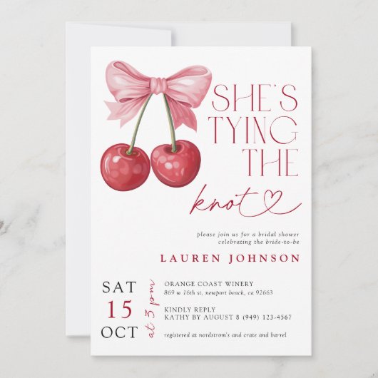 さくらんぼボウ彼女は結び目QRブライダルシャワー 招待状 (正面)