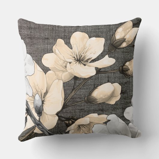 さくらんぼモダンが白と黒の布に咲く クッション (裏面)