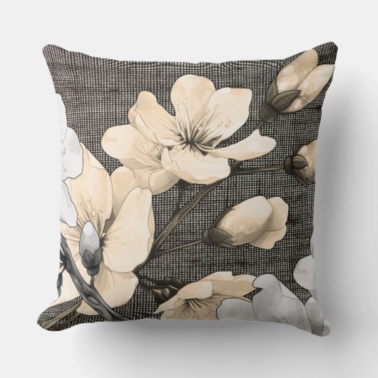 さくらんぼモダンが白と黒の布に咲く クッション (正面)
