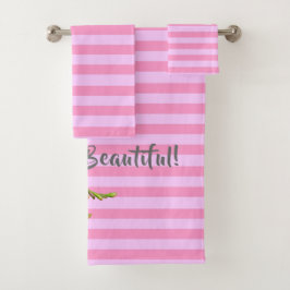 さくらんぼモダンブロッサムピンクストライプこんにちは美しい！ バスタオルセット