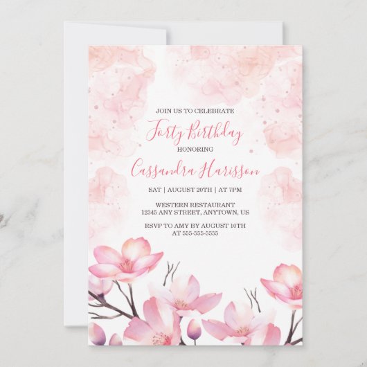 さくらんぼモダン花花ピンクのスプラッシュ誕生日 招待状 (正面)