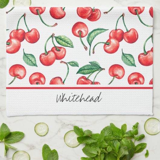 さくらんぼモノグラム水彩 キッチンタオル (折り畳み)