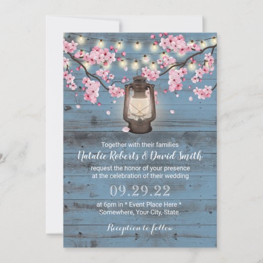 さくらんぼランタンダスティブルー素朴ズ結婚 招待状 (正面)