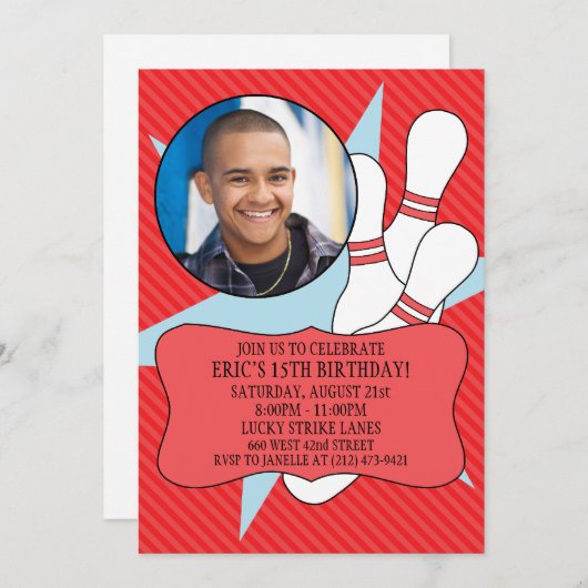 さくらんぼレッドが時間なしでボーリングパーティー写真 招待状 (正面/裏面)