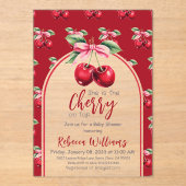 さくらんぼレッドコケットボウガールベビーシャワー アクリル招待状 (正面)