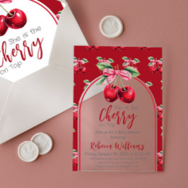 さくらんぼレッドコケットボウガールベビーシャワー アクリル招待状