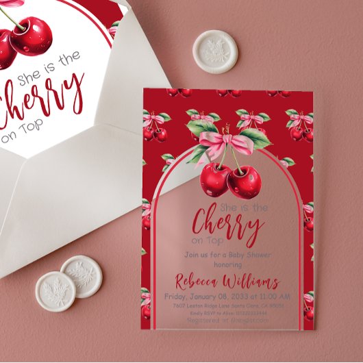 さくらんぼレッドコケットボウガールベビーシャワー アクリル招待状