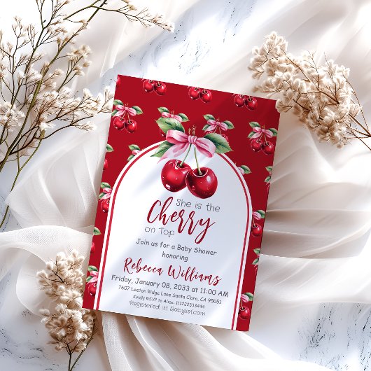 さくらんぼレッドコケットボウガールベビーシャワー 招待状