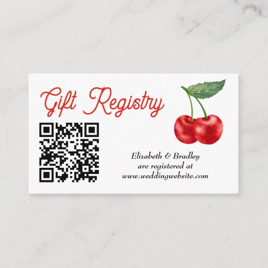 さくらんぼ上のブライダルシャワーQRギフトレジストリ エンクロージャーカード (正面)