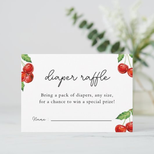 さくらんぼ上のベビーシャワーおむつラッフルゲームカード エンクロージャーカード (スタンド正面)