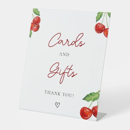 さくらんぼ上のベビーシャワーカードとギフト 台座サイン (正面)