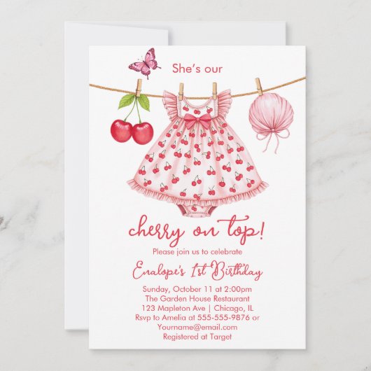 さくらんぼ上！最初の誕生日招待状 招待状 (正面)
